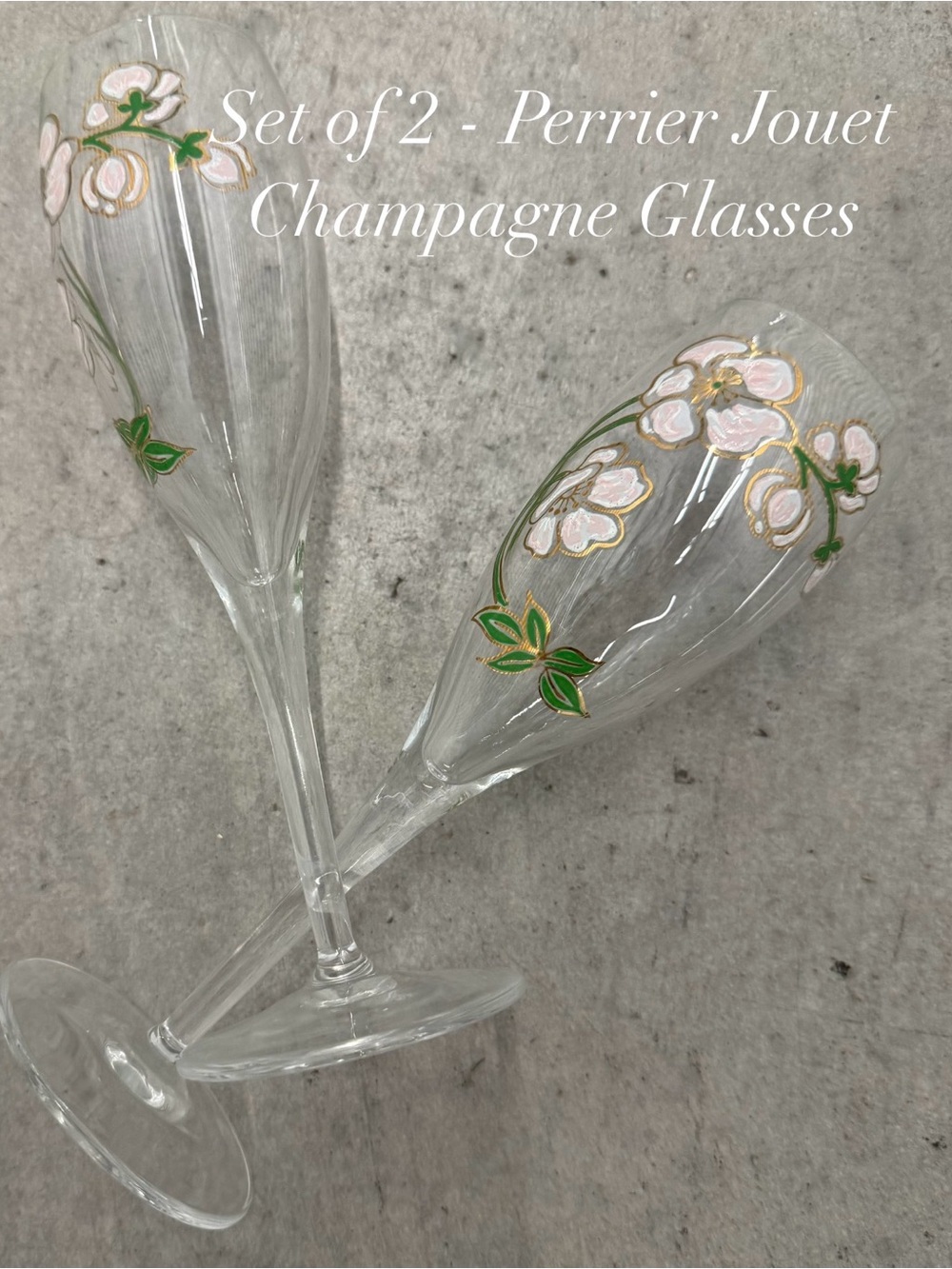 Vintage Set of 2 PERRIER-JOUET Hand Painted Champagne Epoque Flutes 7.5”